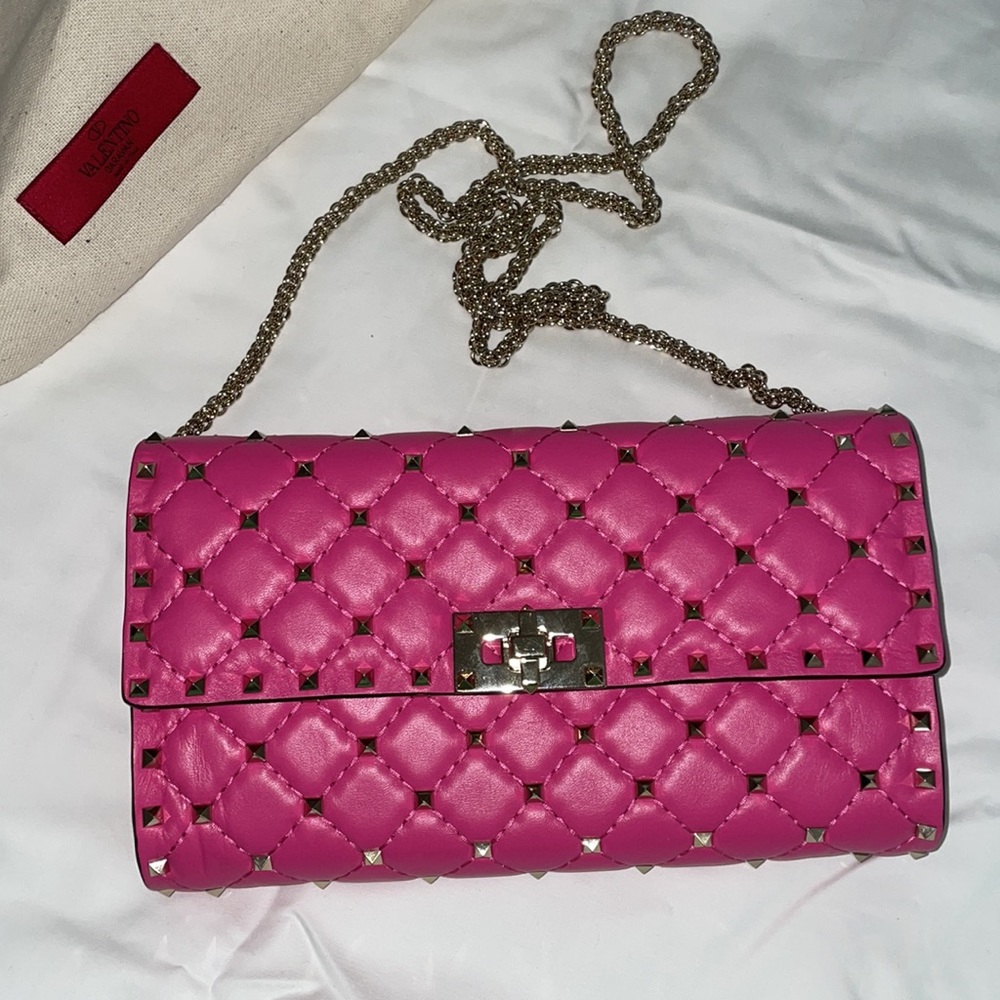 VALENTINO Quilted Rare Pink Rockstud Spike Wallet on Chain Shoulder Bag